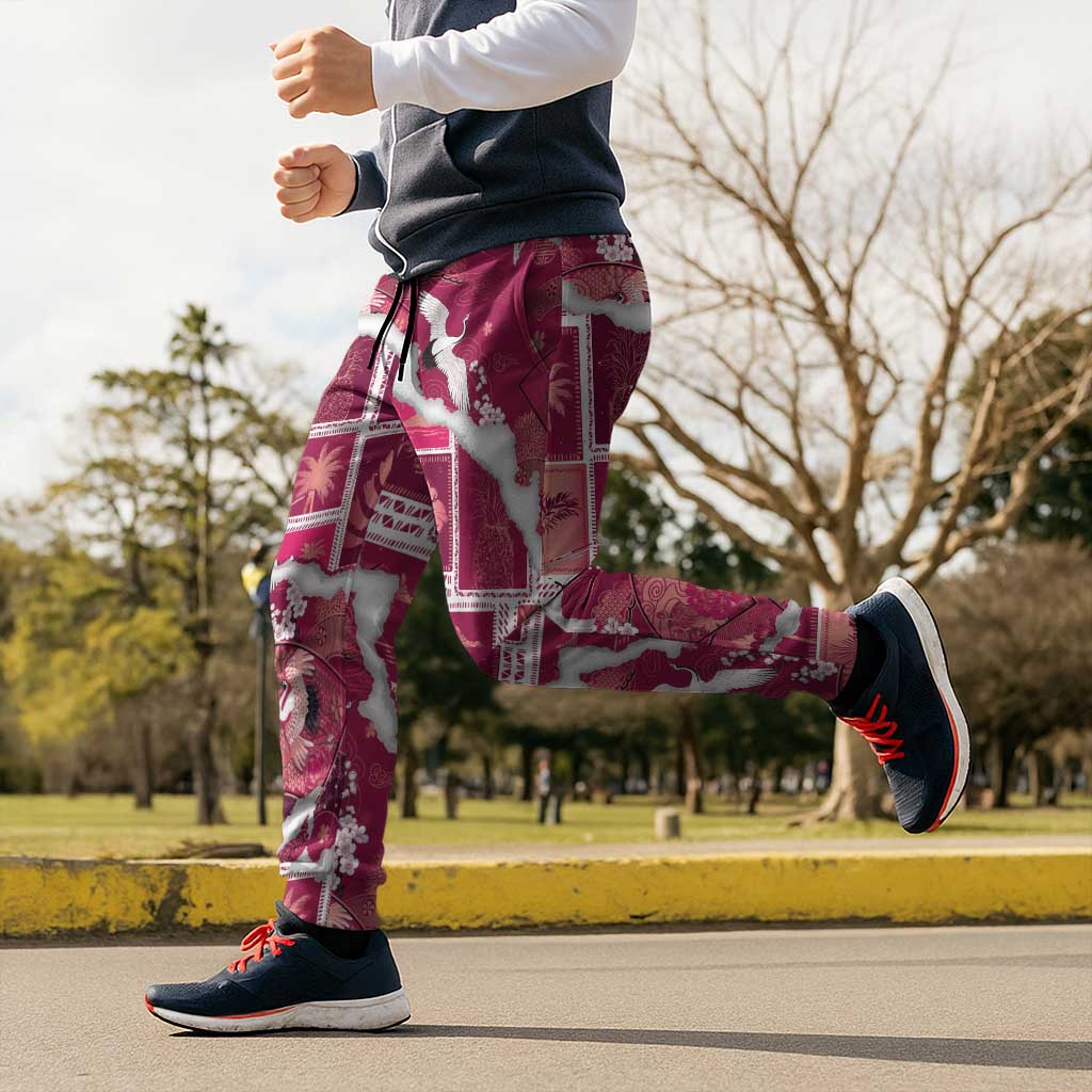 Hawaii Japanese Culture Pink Jogger Pants Spring Cranes Aloha Pattern LT01 - Polynesian Pride