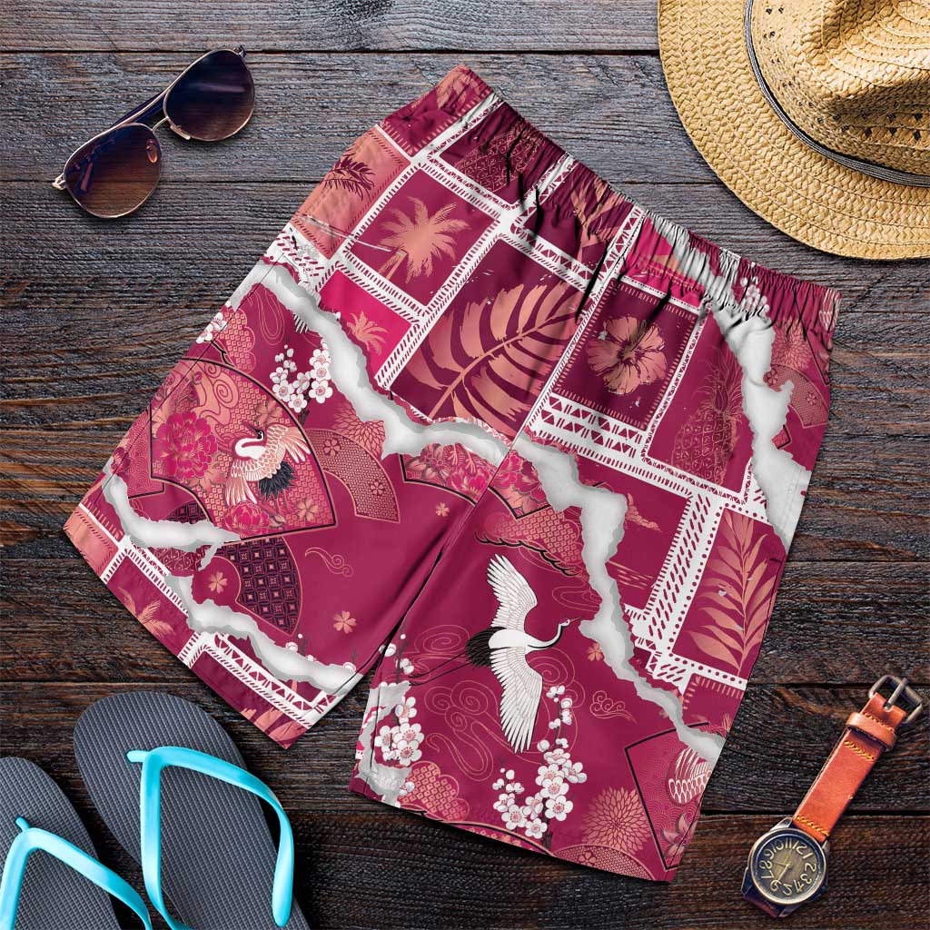 Hawaii Japanese Culture Pink Shorts for Men Spring Cranes Aloha Pattern LT01 Pink - Polynesian Pride