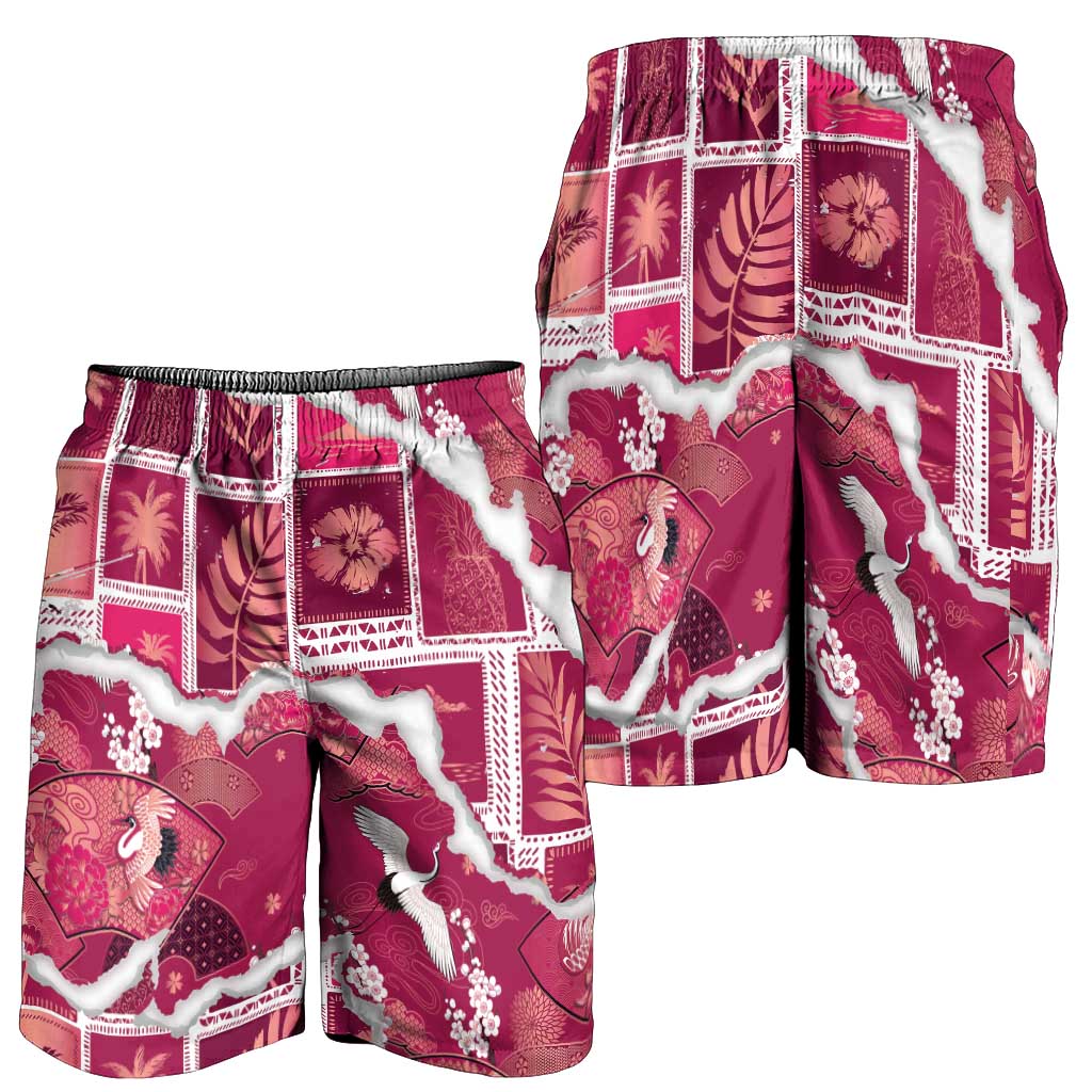 Hawaii Japanese Culture Pink Shorts for Men Spring Cranes Aloha Pattern LT01 - Polynesian Pride