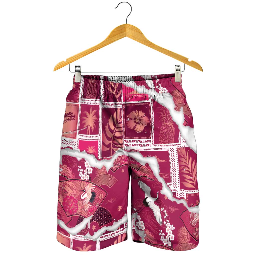 Hawaii Japanese Culture Pink Shorts for Men Spring Cranes Aloha Pattern LT01 - Polynesian Pride