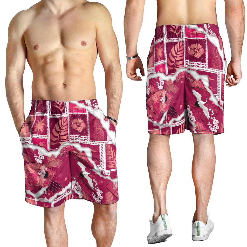 Hawaii Japanese Culture Pink Shorts for Men Spring Cranes Aloha Pattern LT01 - Polynesian Pride