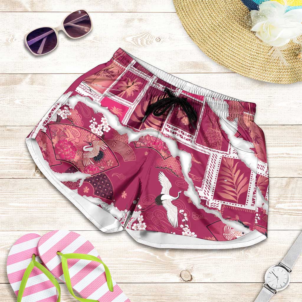 Hawaii Japanese Culture Pink Shorts for Women Spring Cranes Aloha Pattern LT01 Pink - Polynesian Pride