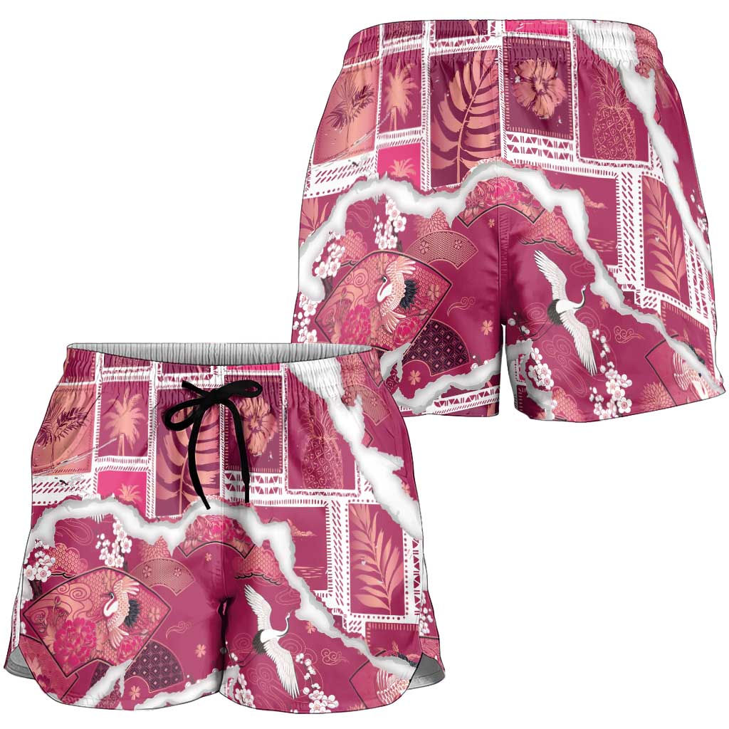 Hawaii Japanese Culture Pink Shorts for Women Spring Cranes Aloha Pattern LT01 - Polynesian Pride
