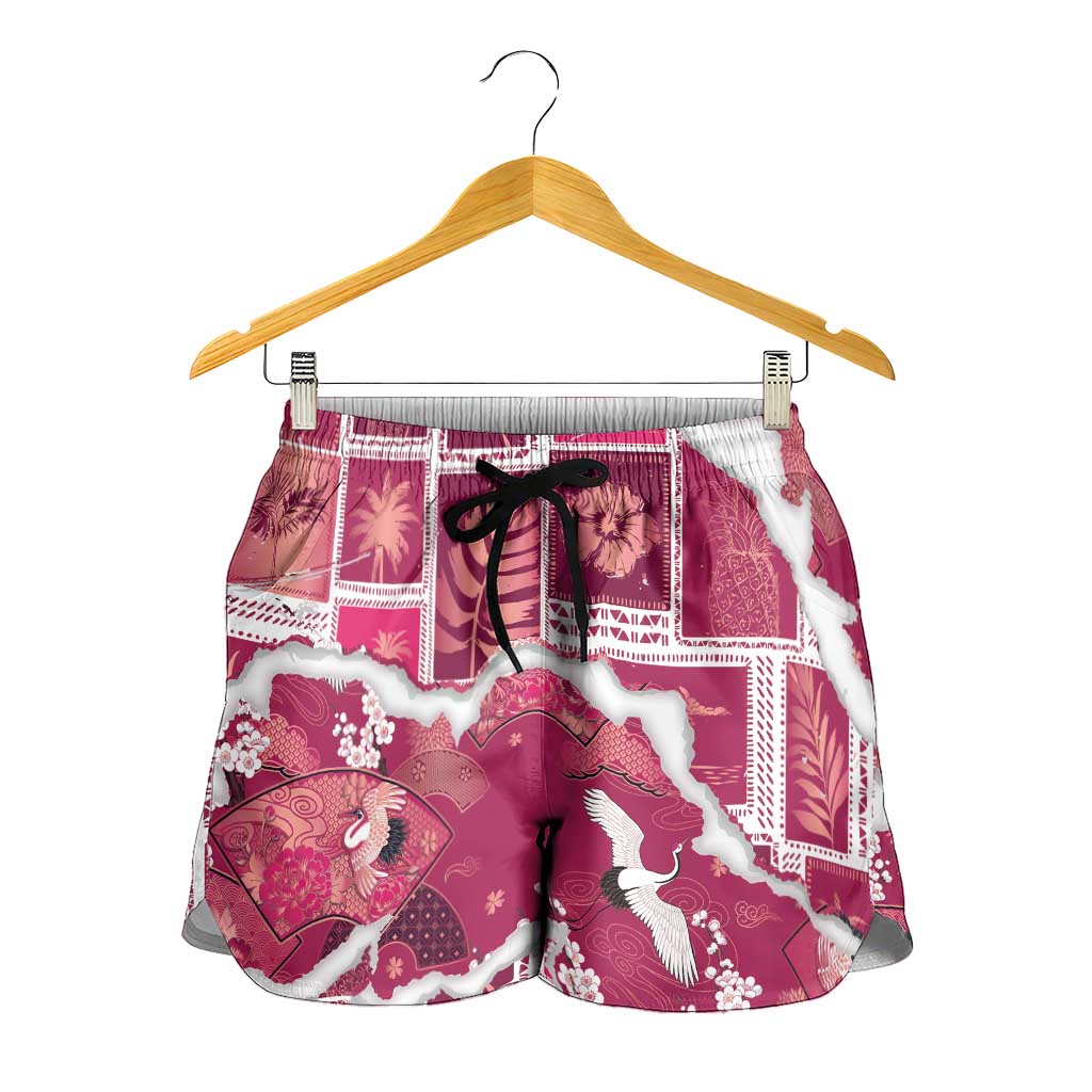 Hawaii Japanese Culture Pink Shorts for Women Spring Cranes Aloha Pattern LT01 - Polynesian Pride