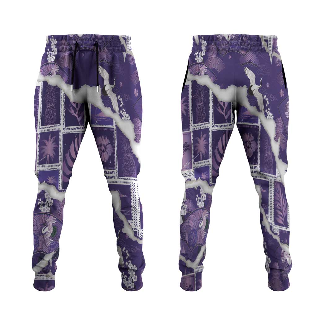 Hawaii Japanese Culture Purple Jogger Pants Spring Cranes Aloha Pattern LT01 Purple - Polynesian Pride