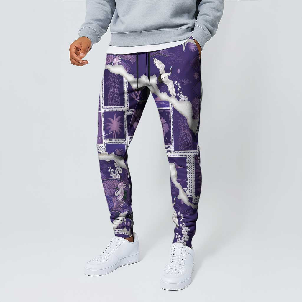 Hawaii Japanese Culture Purple Jogger Pants Spring Cranes Aloha Pattern LT01 - Polynesian Pride