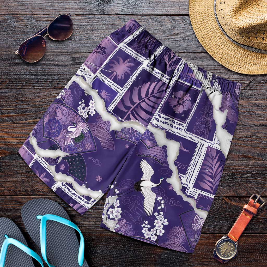 Hawaii Japanese Culture Purple Shorts for Men Spring Cranes Aloha Pattern LT01 Purple - Polynesian Pride