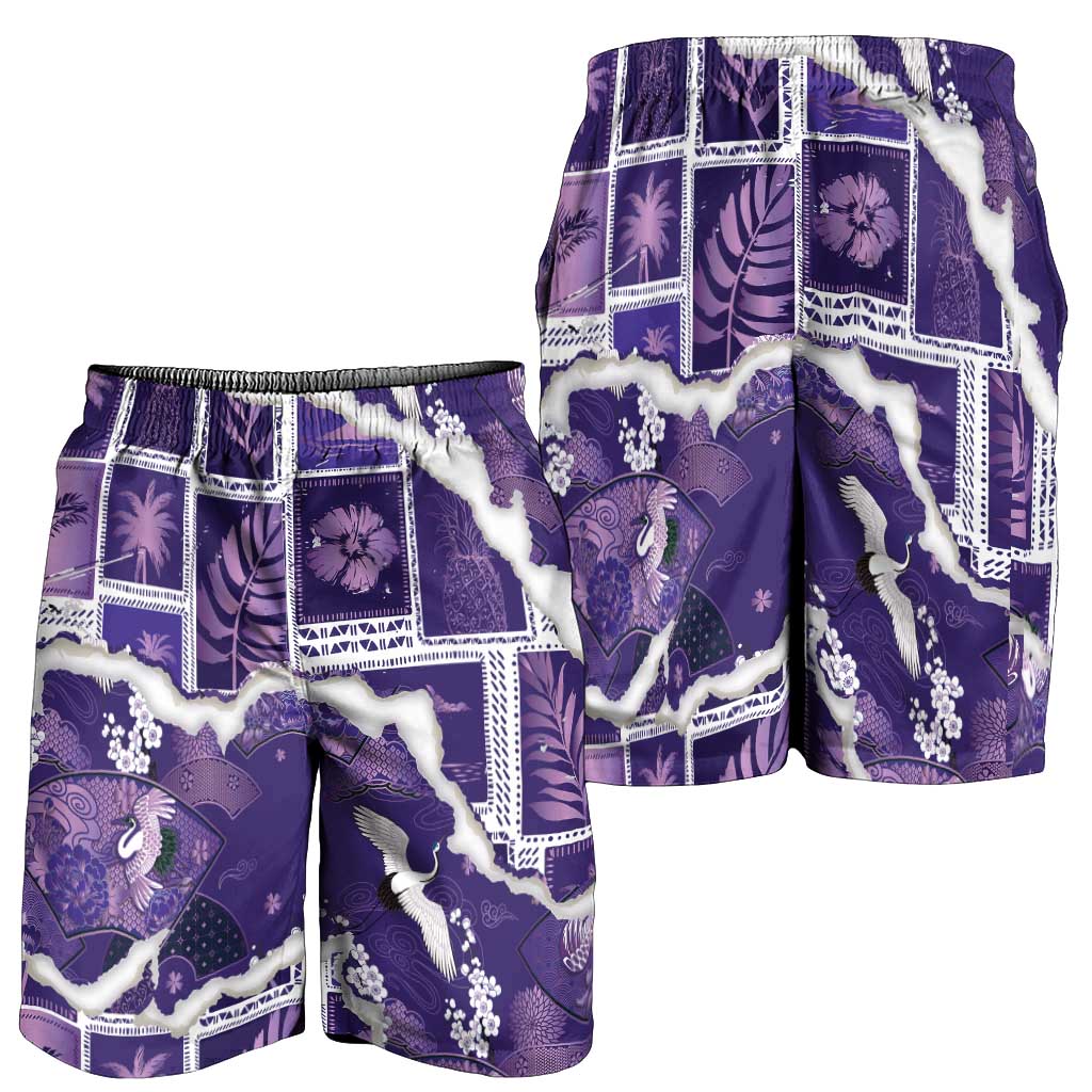 Hawaii Japanese Culture Purple Shorts for Men Spring Cranes Aloha Pattern LT01 - Polynesian Pride