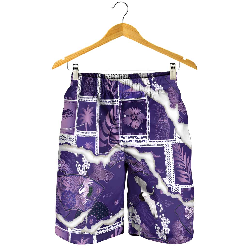 Hawaii Japanese Culture Purple Shorts for Men Spring Cranes Aloha Pattern LT01 - Polynesian Pride