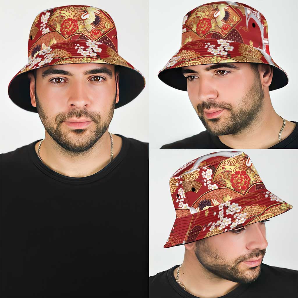 Hawaii Japanese Culture Red Bucket Hat Spring Cranes Aloha Pattern LT01 - Polynesian Pride