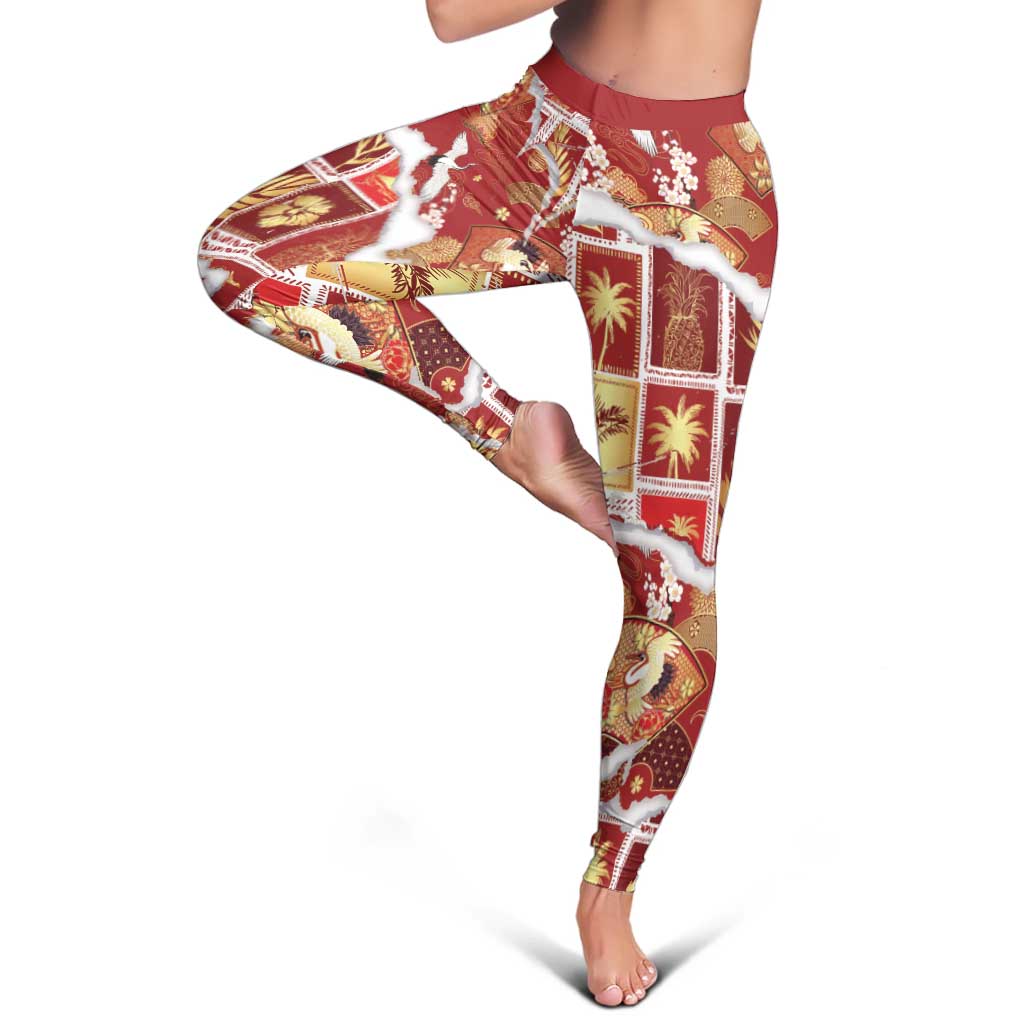 Hawaii Japanese Culture Red Leggings Spring Cranes Aloha Pattern LT01 - Polynesian Pride