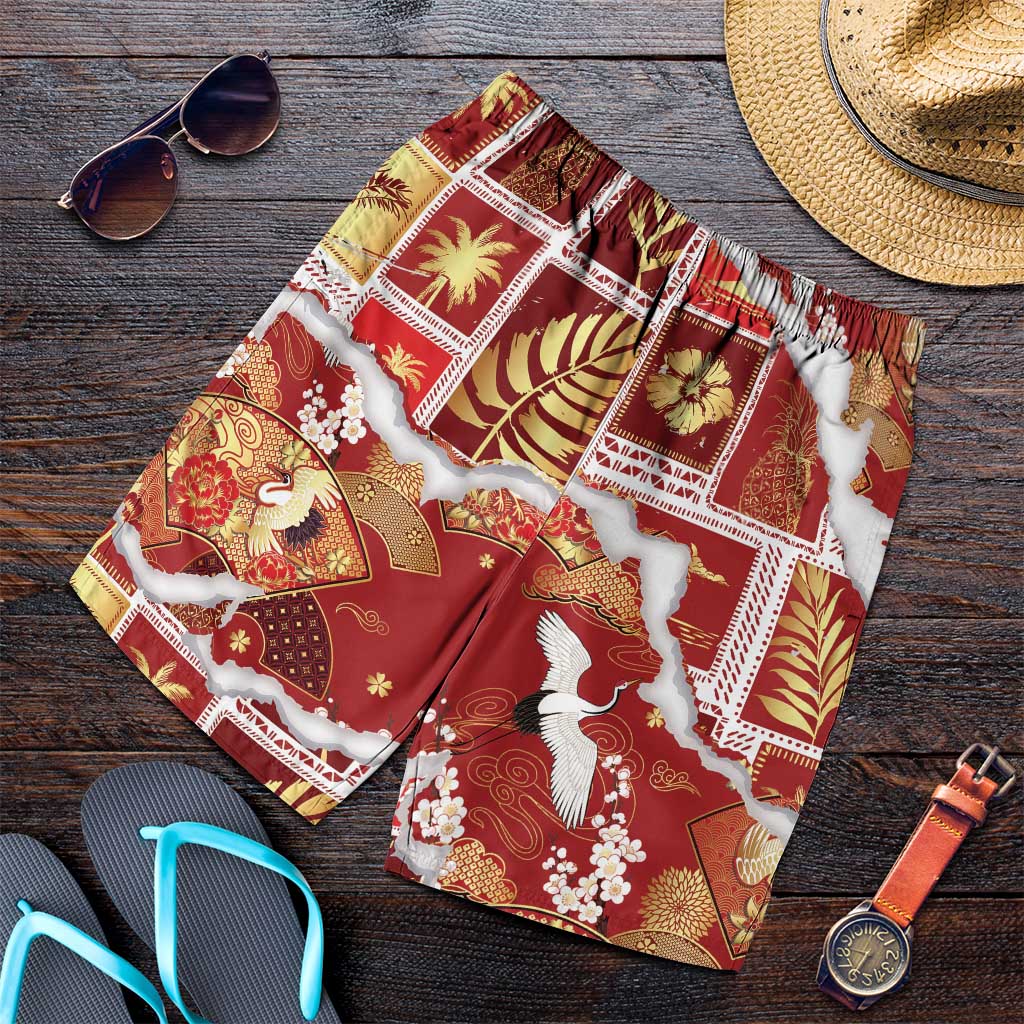 Hawaii Japanese Culture Red Shorts for Men Spring Cranes Aloha Pattern LT01 Red - Polynesian Pride