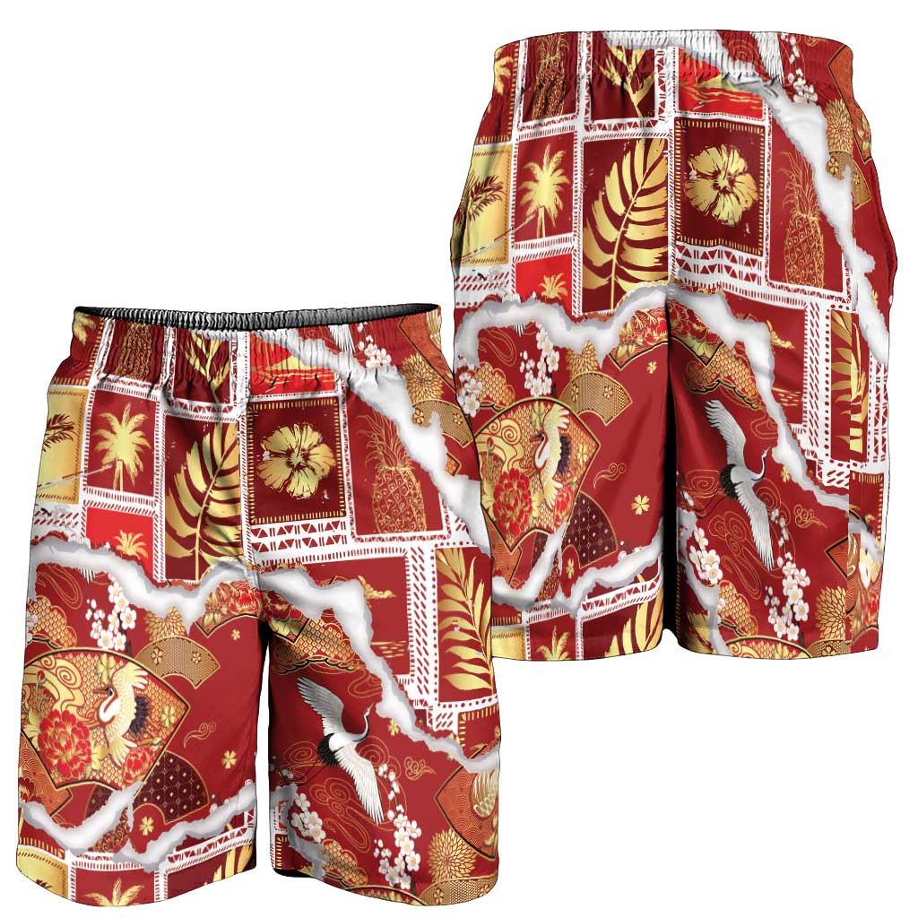 Hawaii Japanese Culture Red Shorts for Men Spring Cranes Aloha Pattern LT01 - Polynesian Pride