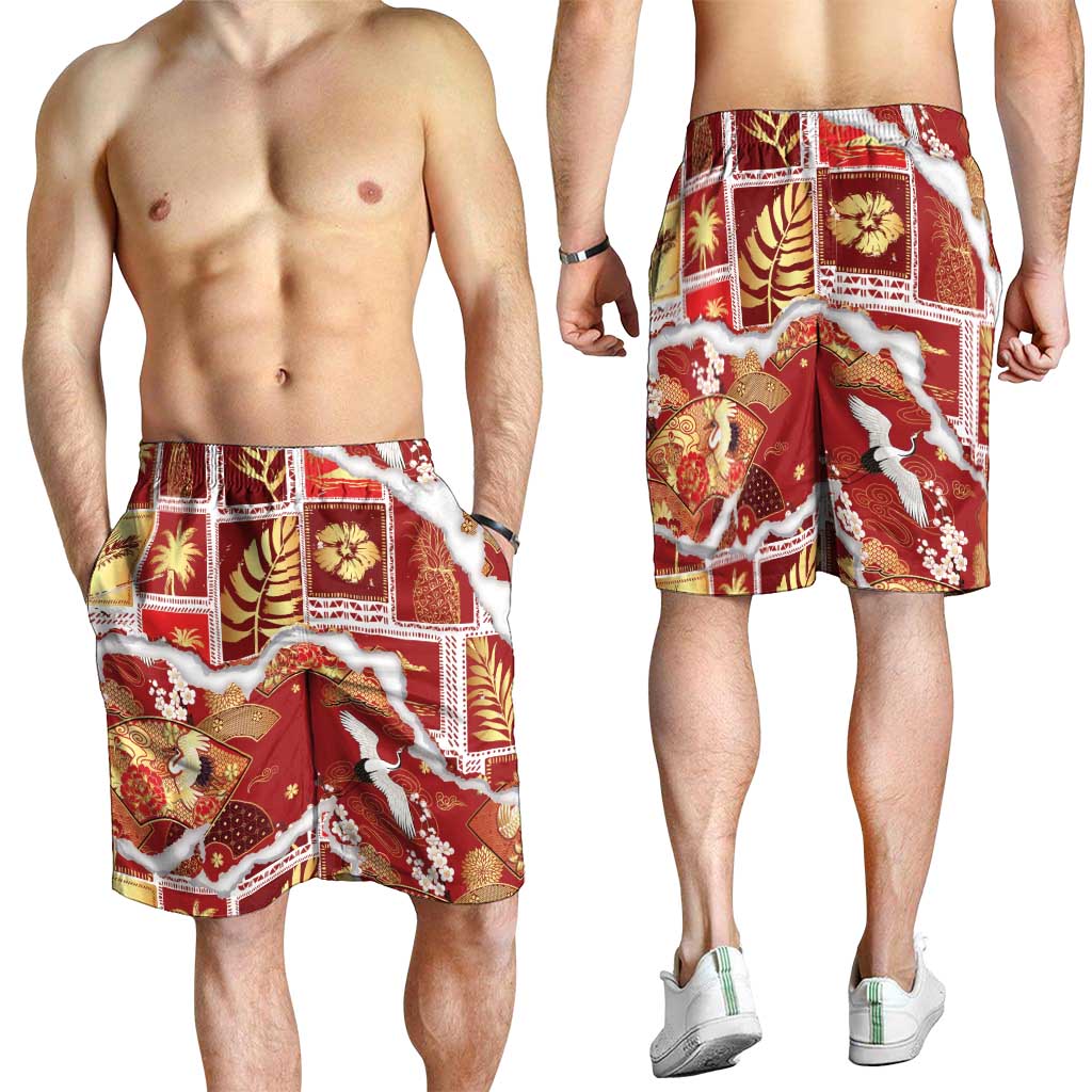 Hawaii Japanese Culture Red Shorts for Men Spring Cranes Aloha Pattern LT01 - Polynesian Pride