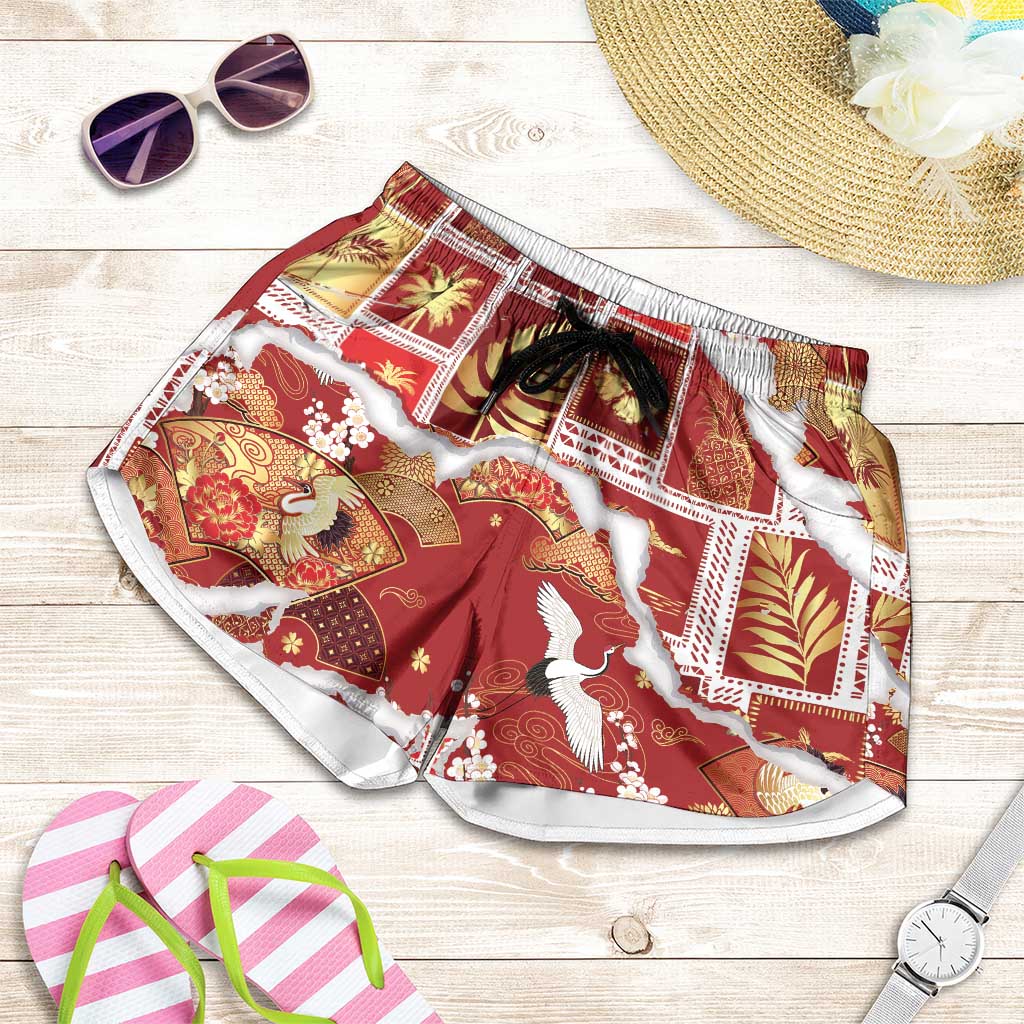Hawaii Japanese Culture Red Shorts for Women Spring Cranes Aloha Pattern LT01 Red - Polynesian Pride