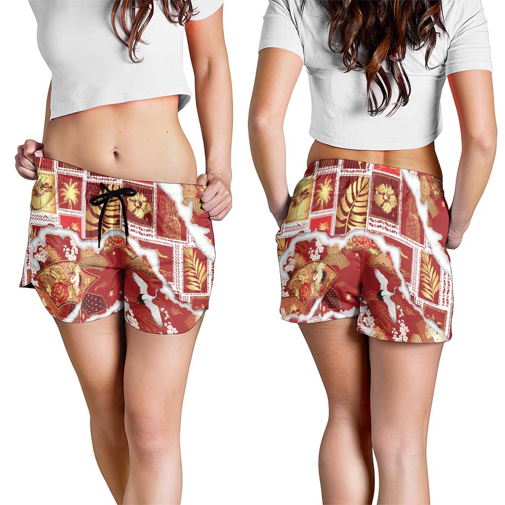 Hawaii Japanese Culture Red Shorts for Women Spring Cranes Aloha Pattern LT01 - Polynesian Pride