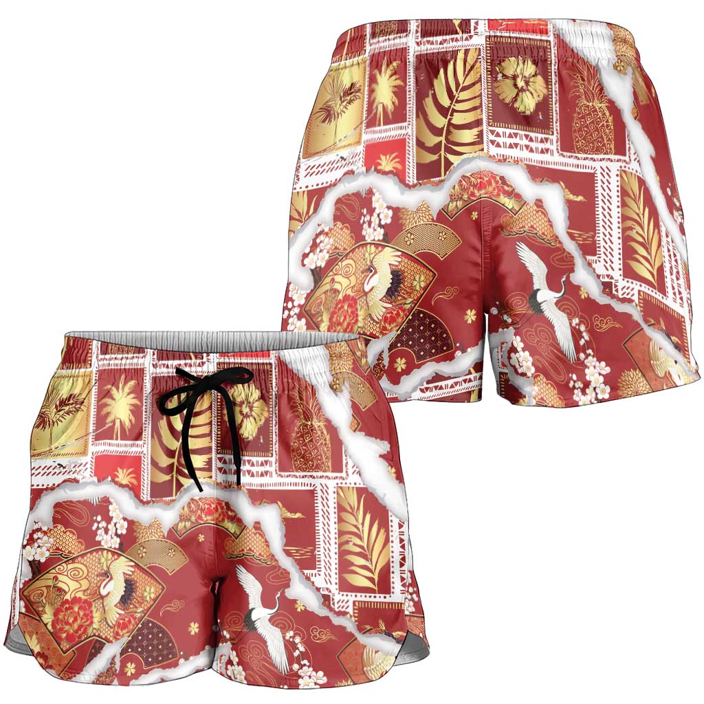 Hawaii Japanese Culture Red Shorts for Women Spring Cranes Aloha Pattern LT01 - Polynesian Pride
