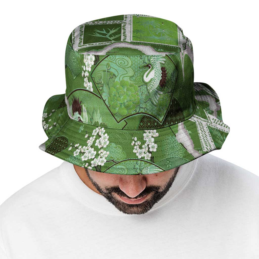 Hawaii Japanese Culture Sage Green Bucket Hat Spring Cranes Aloha Pattern LT01 - Polynesian Pride