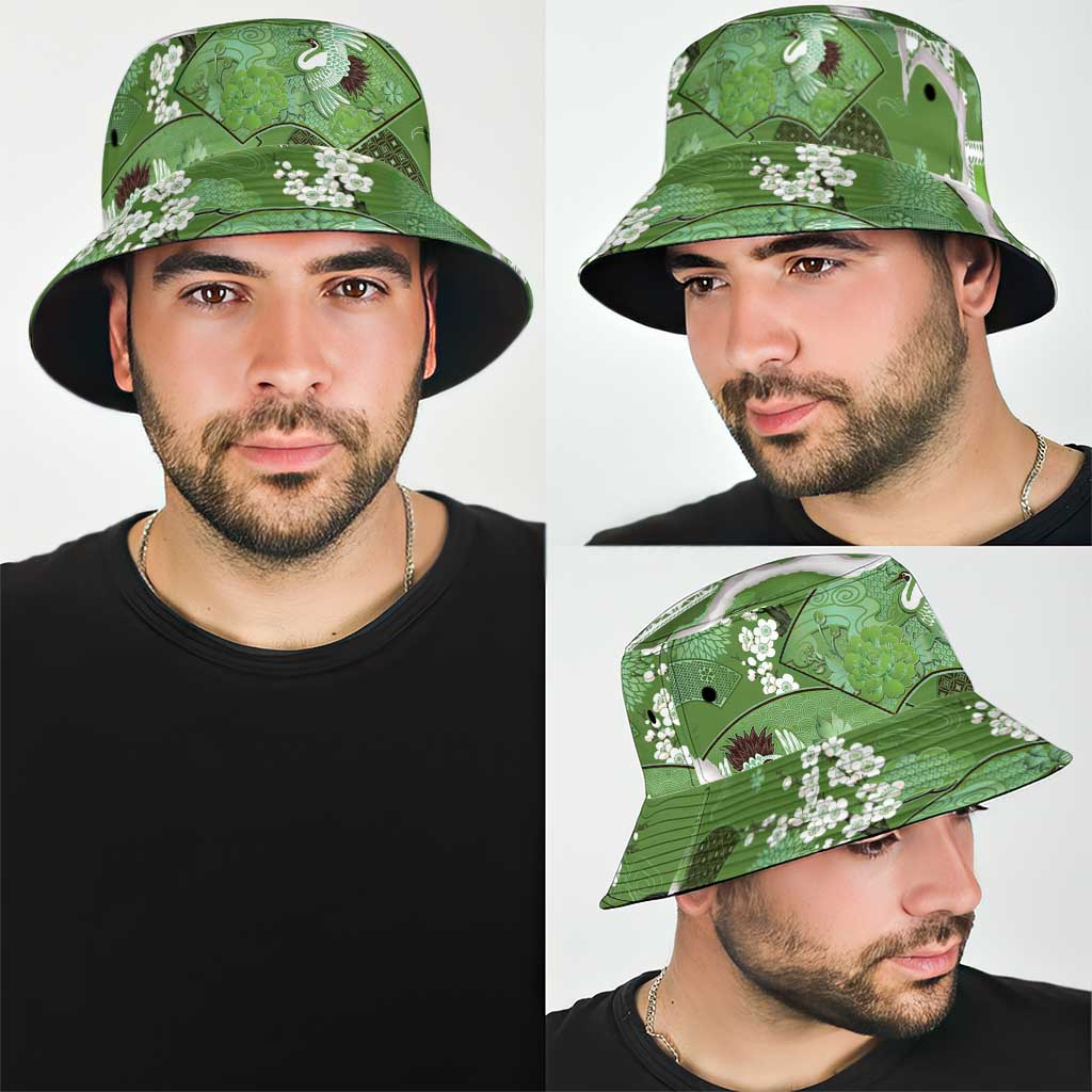 Hawaii Japanese Culture Sage Green Bucket Hat Spring Cranes Aloha Pattern LT01 - Polynesian Pride