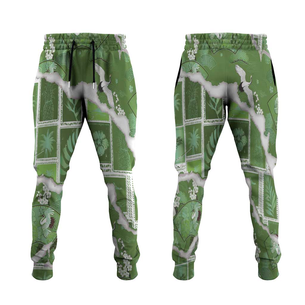 Hawaii Japanese Culture Sage Green Jogger Pants Spring Cranes Aloha Pattern LT01 Sage - Polynesian Pride