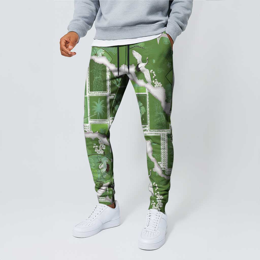 Hawaii Japanese Culture Sage Green Jogger Pants Spring Cranes Aloha Pattern LT01 - Polynesian Pride