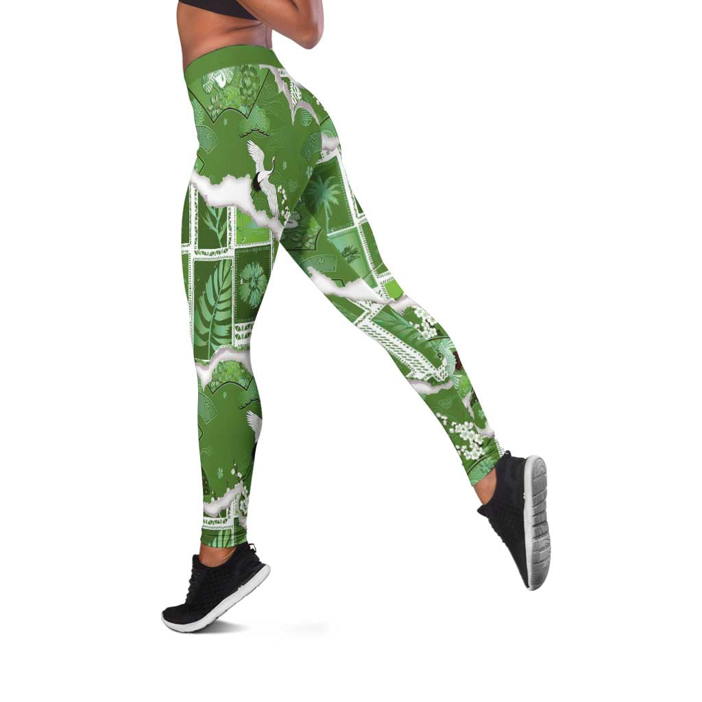 Hawaii Japanese Culture Sage Green Leggings Spring Cranes Aloha Pattern