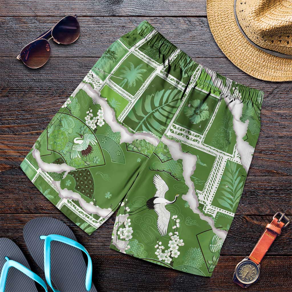 Hawaii Japanese Culture Sage Green Shorts for Men Spring Cranes Aloha Pattern LT01 Sage - Polynesian Pride