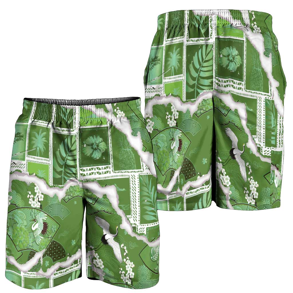 Hawaii Japanese Culture Sage Green Shorts for Men Spring Cranes Aloha Pattern LT01 - Polynesian Pride