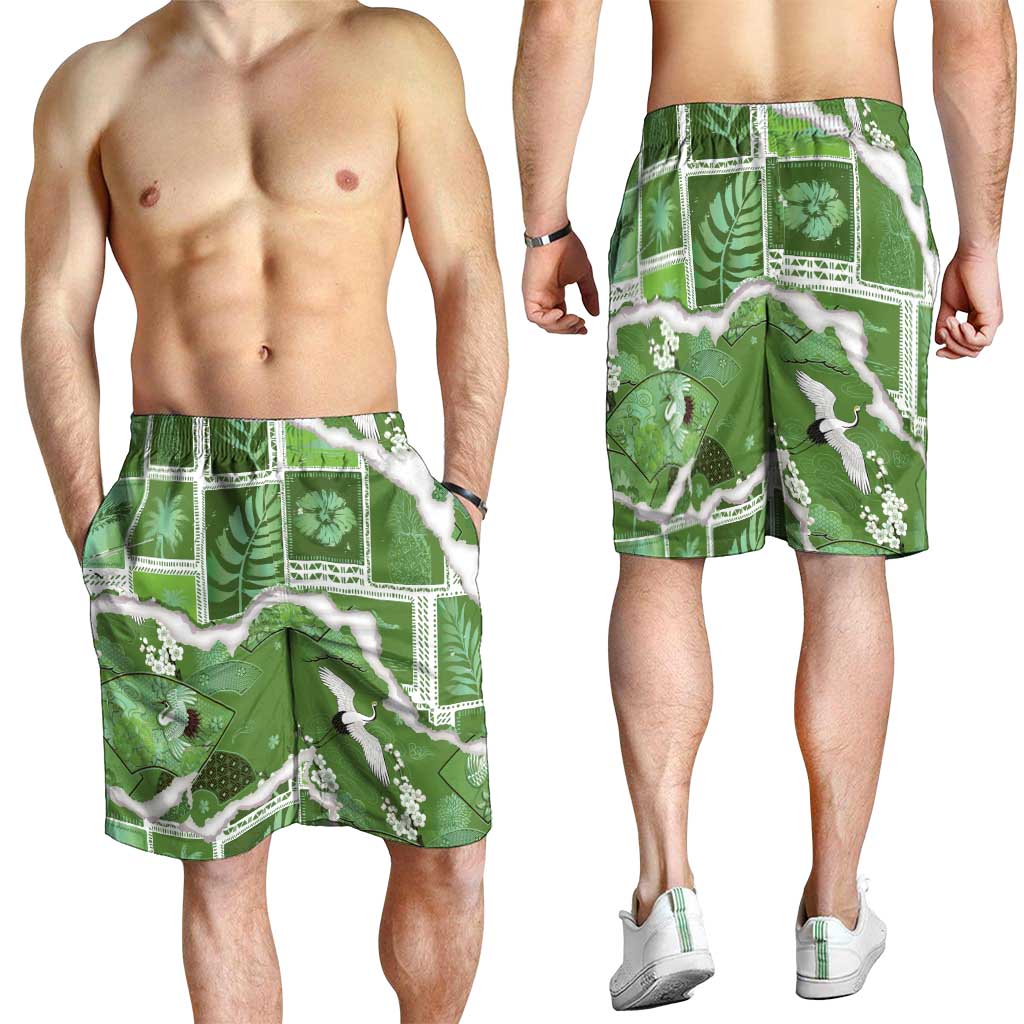 Hawaii Japanese Culture Sage Green Shorts for Men Spring Cranes Aloha Pattern LT01 - Polynesian Pride