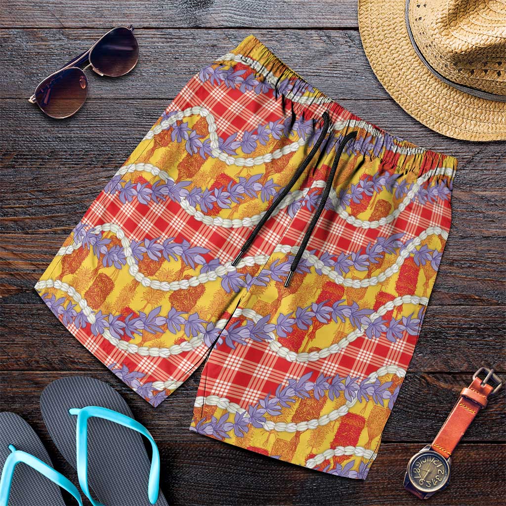 Hawaii Kahili Palaka Motifs Shorts for Men Hawaiian Honohono Pikake Lei LT14 Red - Polynesian Pride