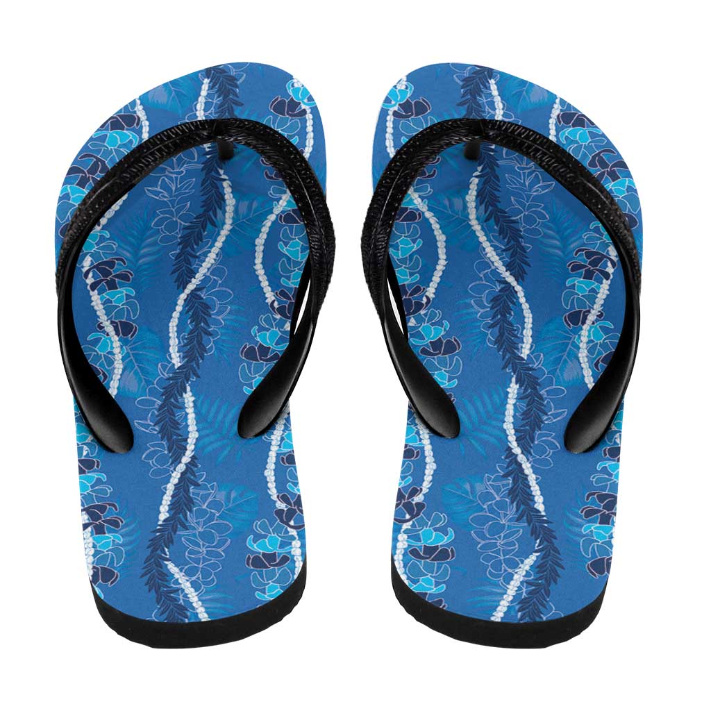 Hawaii Maile Lei Flip Flops With Blue Monstera Pattern LT05 - Polynesian Pride