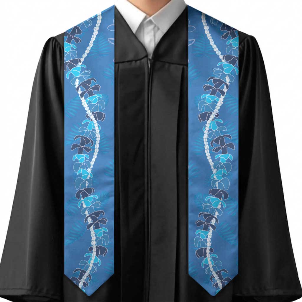 Hawaii Maile Lei Graduation Stole With Blue Monstera Pattern LT05 - Polynesian Pride