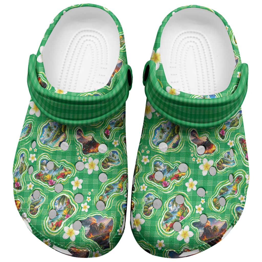 Hawaii Map with Plumeria Flower and Palaka Pattern Clogs Shoes Tropical Island Green Design LT03 Green - Polynesian Pride