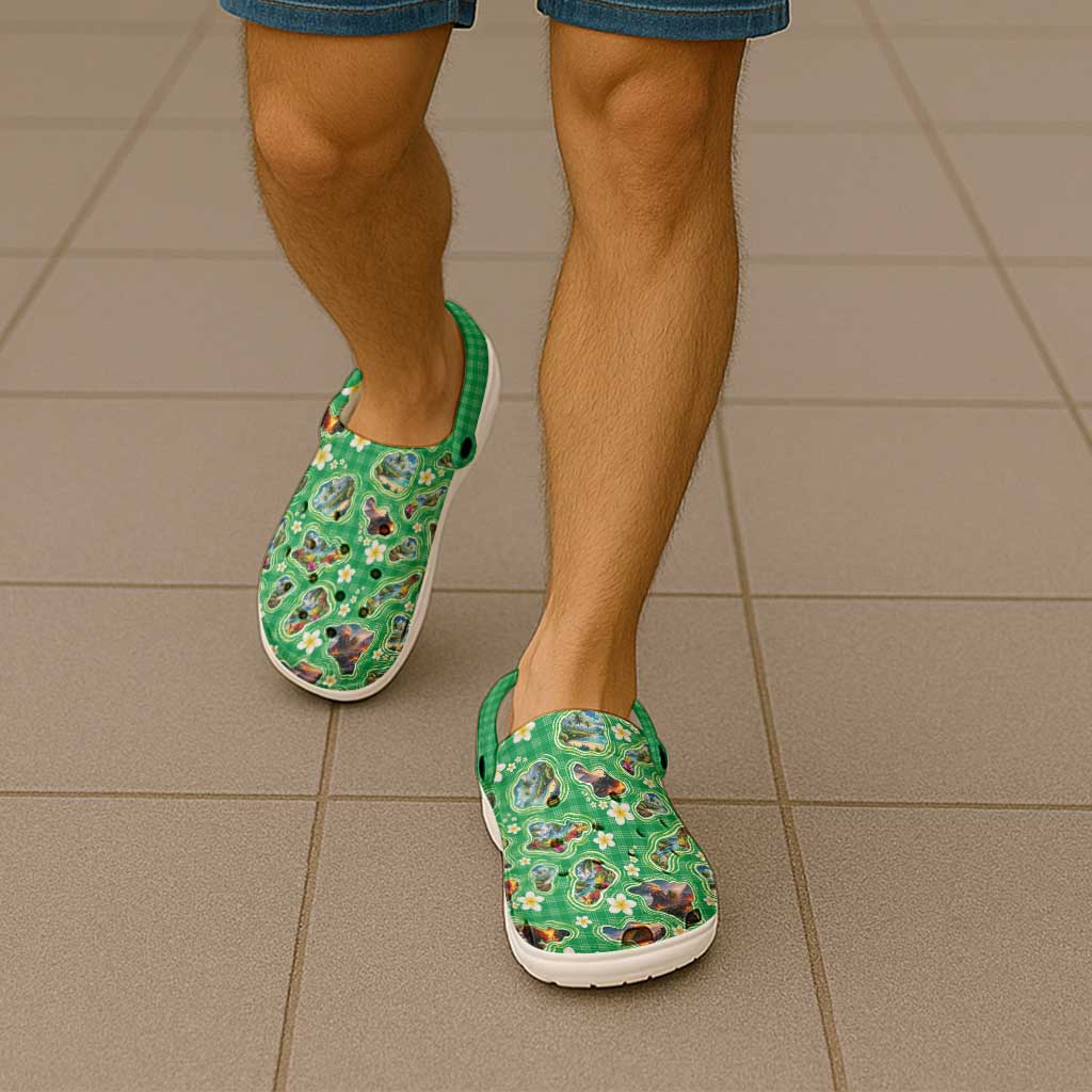 Hawaii Map with Plumeria Flower and Palaka Pattern Clogs Shoes Tropical Island Green Design LT03 - Polynesian Pride