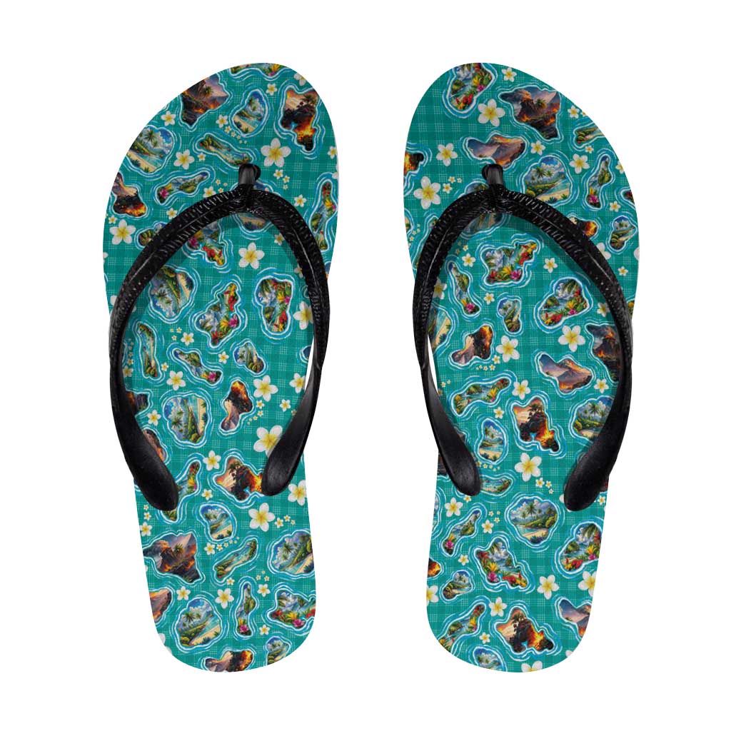 Hawaii Map with Plumeria Flower and Palaka Pattern Flip Flops Tropical Island Teal Design