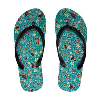 Hawaii Map with Plumeria Flower and Palaka Pattern Flip Flops Tropical Island Teal Design LT03 Teal - Polynesian Pride