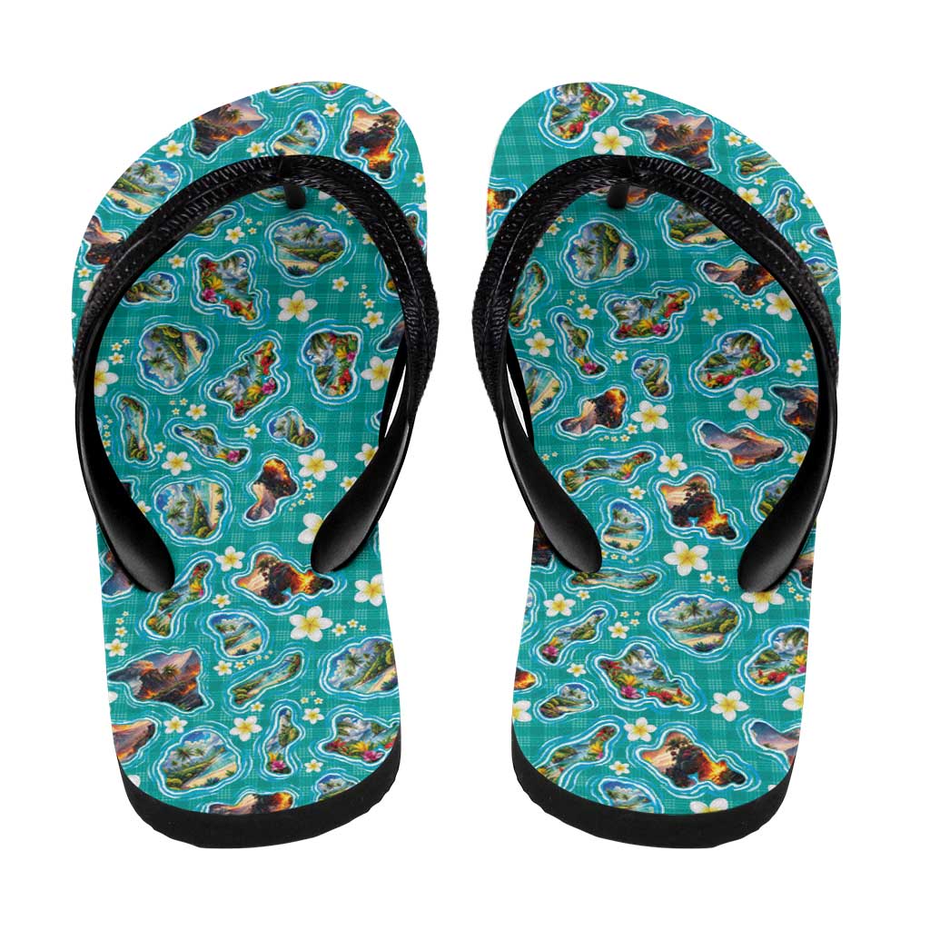 Hawaii Map with Plumeria Flower and Palaka Pattern Flip Flops Tropical Island Teal Design LT03 - Polynesian Pride