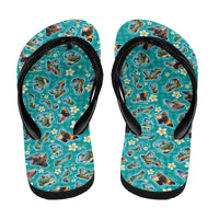 Hawaii Map with Plumeria Flower and Palaka Pattern Flip Flops Tropical Island Teal Design LT03 - Polynesian Pride