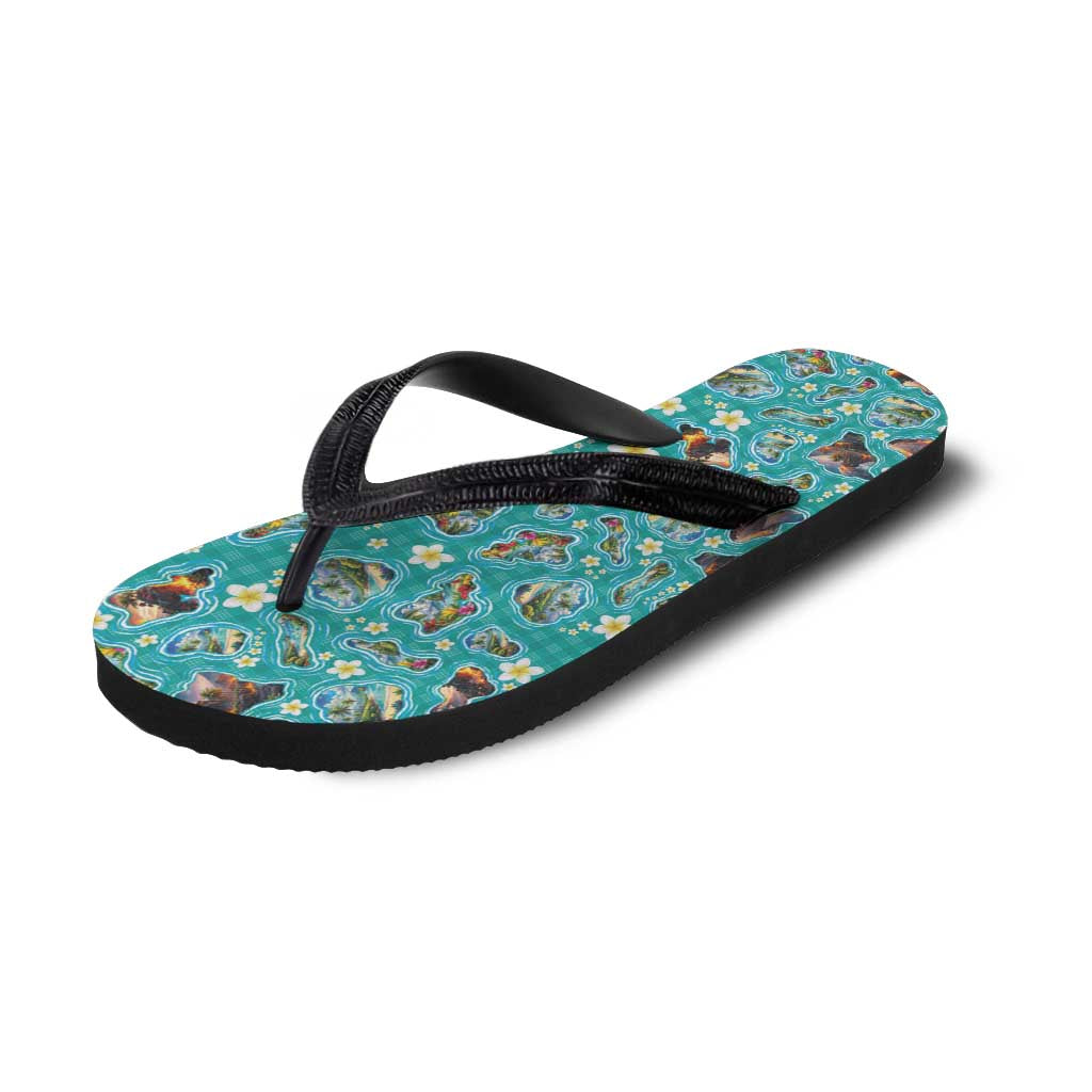 Hawaii Map with Plumeria Flower and Palaka Pattern Flip Flops Tropical Island Teal Design LT03 - Polynesian Pride