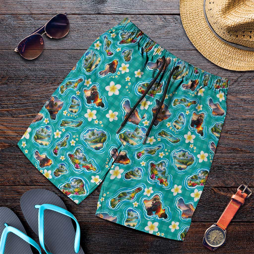 Hawaii Map with Plumeria Flower and Palaka Pattern Shorts for Men Tropical Island Teal Design LT03 Teal - Polynesian Pride