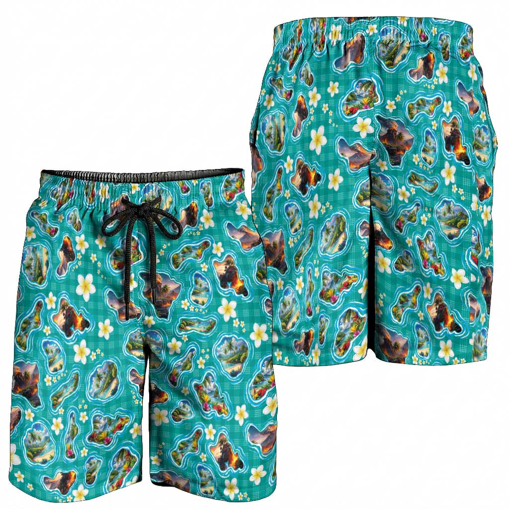 Hawaii Map with Plumeria Flower and Palaka Pattern Shorts for Men Tropical Island Teal Design LT03 - Polynesian Pride