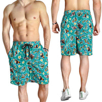 Hawaii Map with Plumeria Flower and Palaka Pattern Shorts for Men Tropical Island Teal Design LT03 - Polynesian Pride