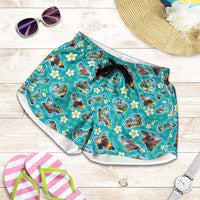 Hawaii Map with Plumeria Flower and Palaka Pattern Shorts for Women Tropical Island Teal Design LT03 Teal - Polynesian Pride