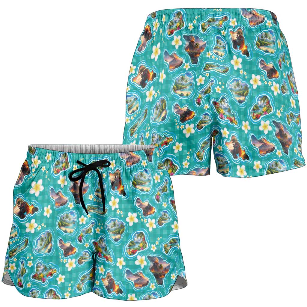 Hawaii Map with Plumeria Flower and Palaka Pattern Shorts for Women Tropical Island Teal Design LT03 - Polynesian Pride