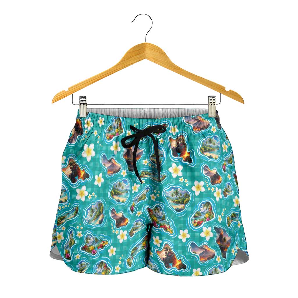 Hawaii Map with Plumeria Flower and Palaka Pattern Shorts for Women Tropical Island Teal Design LT03 - Polynesian Pride