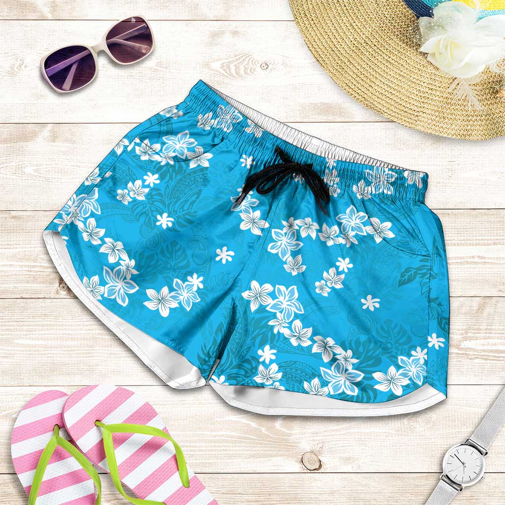 Hawaii Monstera Deliciosa Shorts for Women Blue Plumeria Polynesian Pattern LT05 Blue - Polynesian Pride