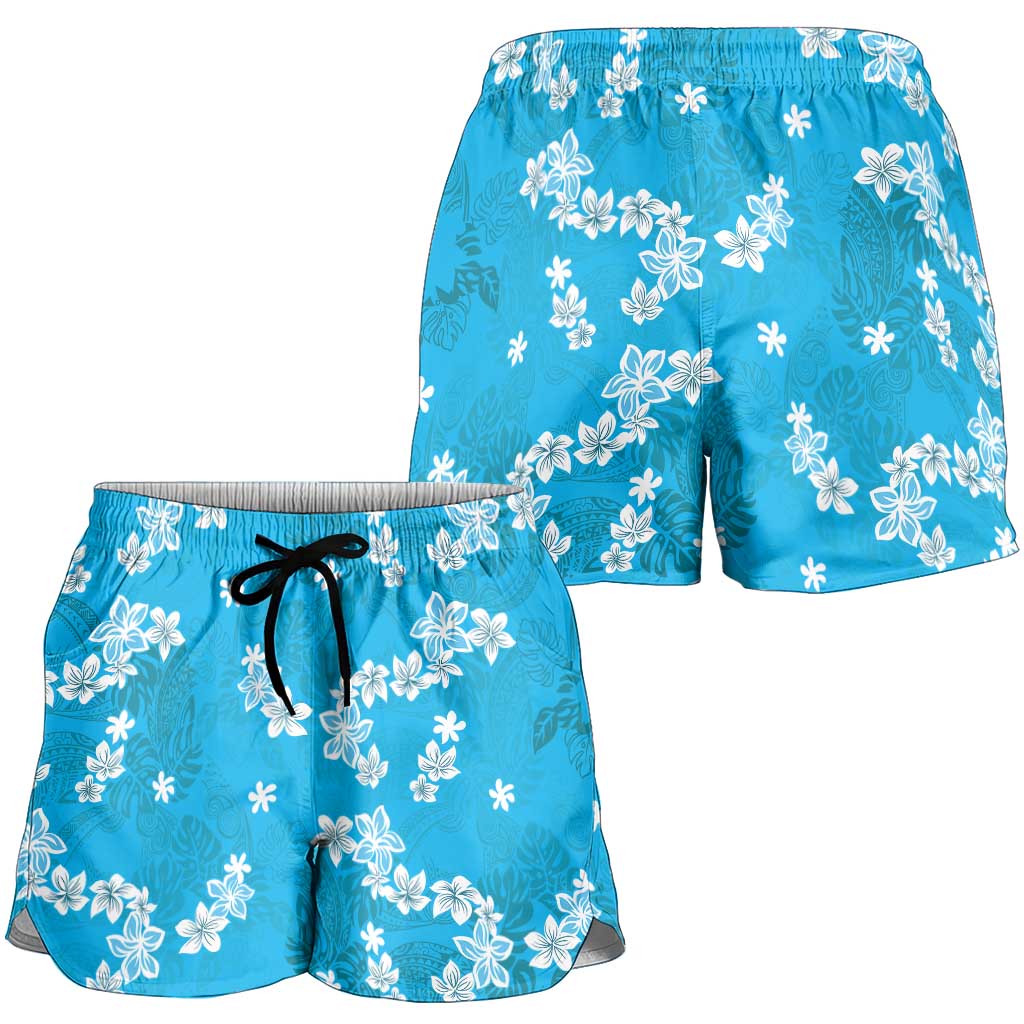 Hawaii Monstera Deliciosa Shorts for Women Blue Plumeria Polynesian Pattern LT05 - Polynesian Pride