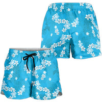 Hawaii Monstera Deliciosa Shorts for Women Blue Plumeria Polynesian Pattern LT05 - Polynesian Pride