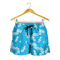 Hawaii Monstera Deliciosa Shorts for Women Blue Plumeria Polynesian Pattern LT05 - Polynesian Pride