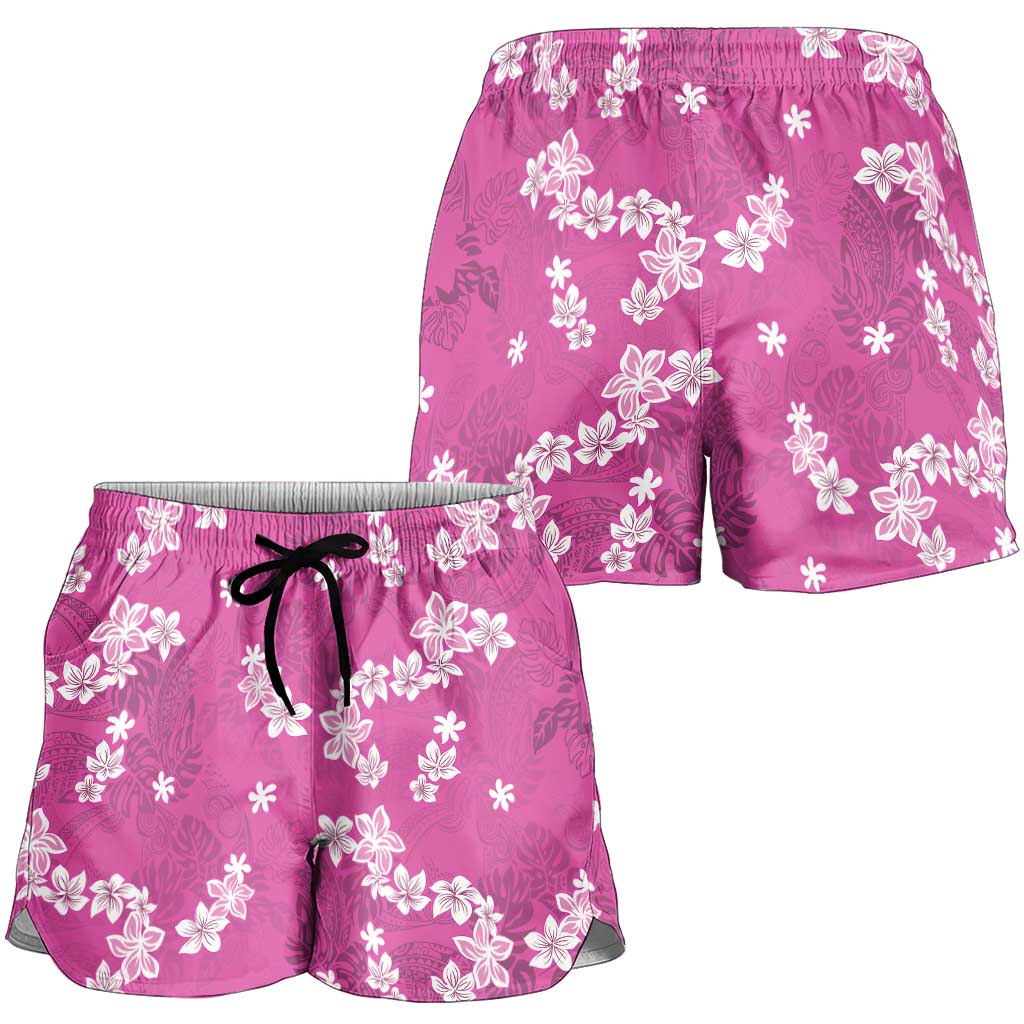 Hawaii Monstera Deliciosa Shorts for Women Pink Plumeria Polynesian Pattern LT05 - Polynesian Pride
